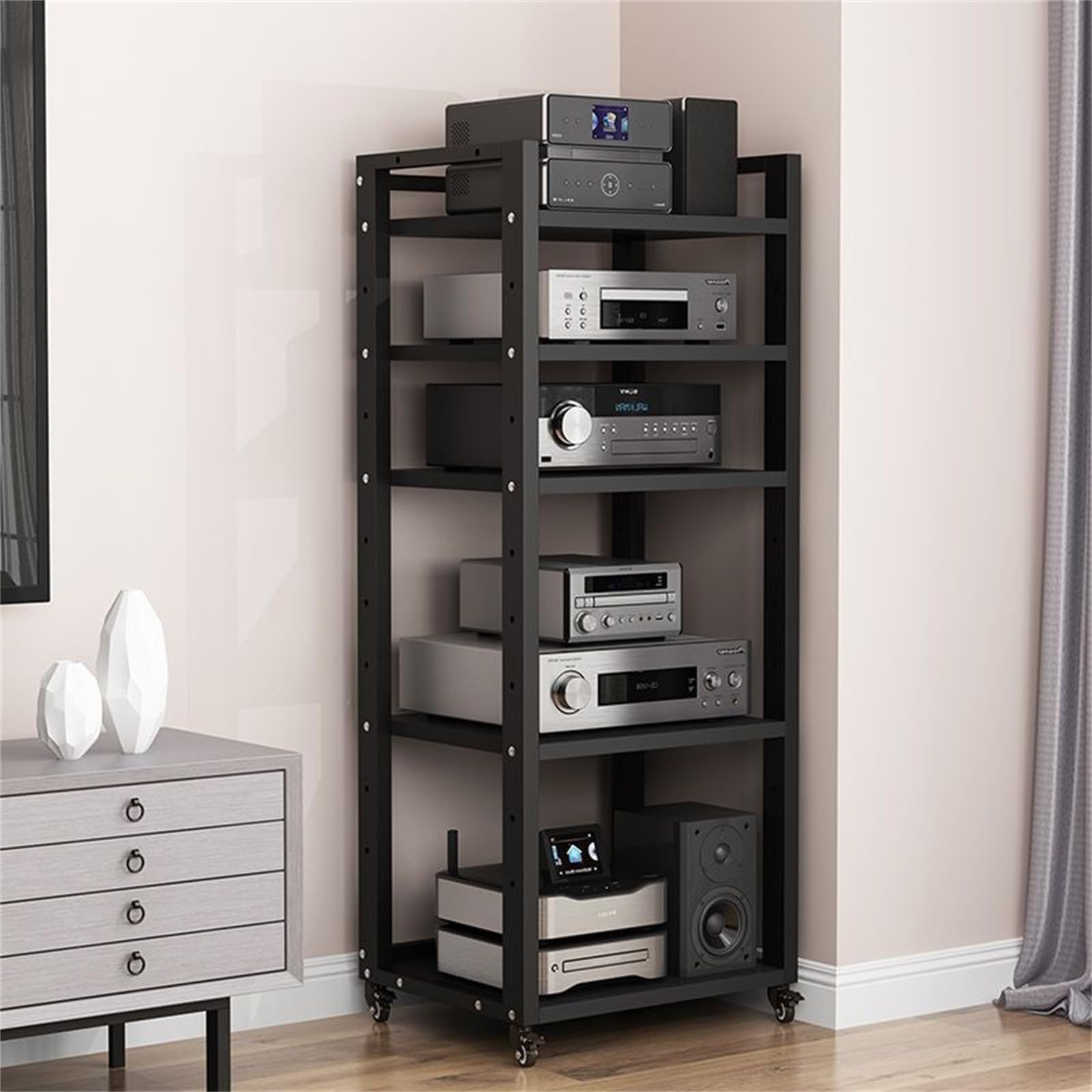AVStand 5/6/7/8-poziomowy ruchomy odtwarzacz płyt DVD CDRack Tower uchwyt, regulowana szafka Sto, półka na konsolę Equint do domowego biura, kina, czarny, 5 poziomów W 19,6″