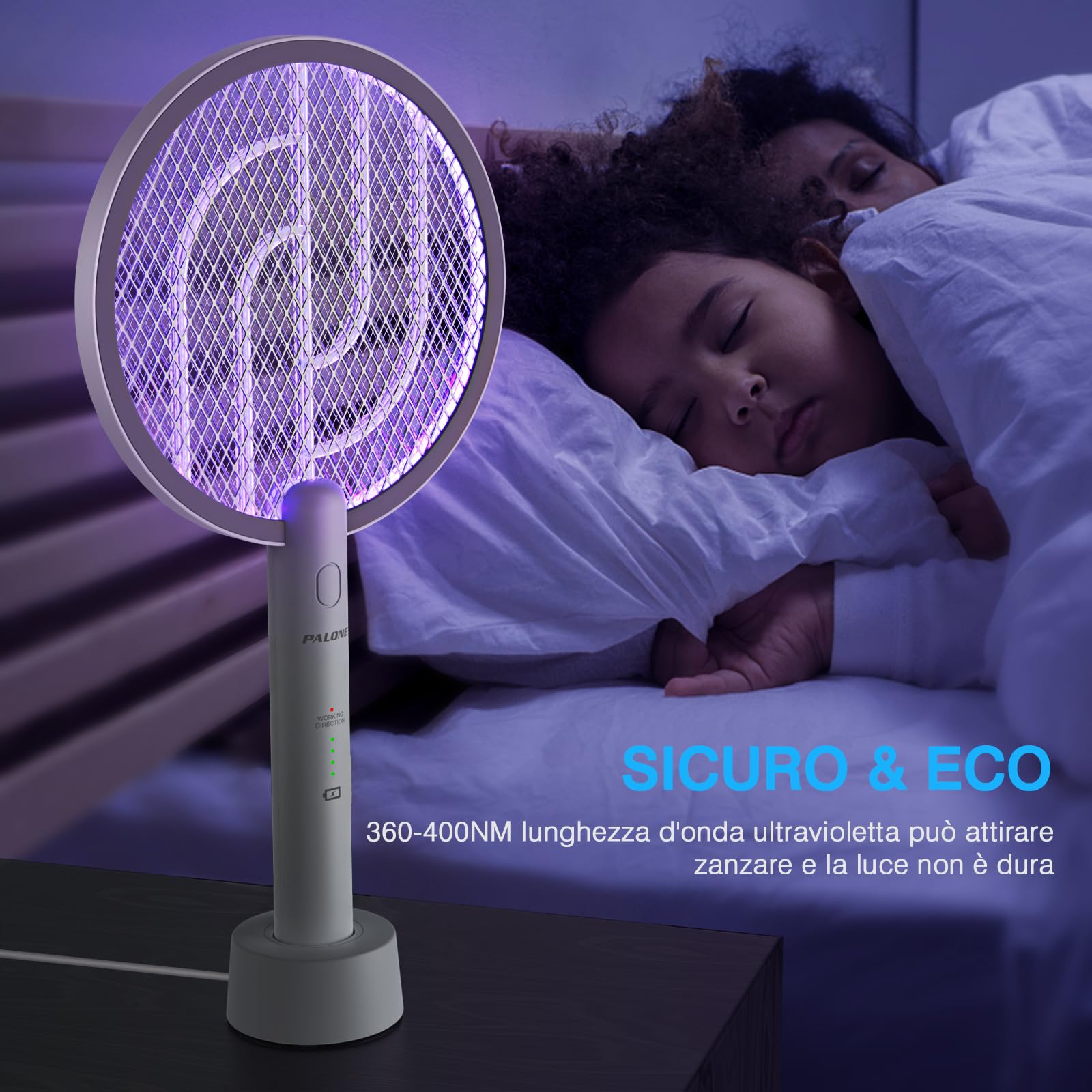 PALONE Racchetta Zanzare Elettrica, 4000V con USB Ricaricabile LED 2-In-1 Racchetta Zanzare Elettrico, Protezione Maglia a 3 Strati, Adatto per Casa Giardino Campeggio Interni ed Esterni - Bianco