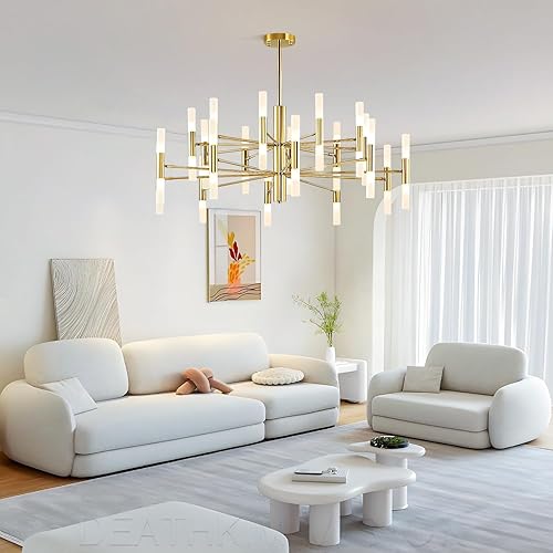 Miniatura 6 de BOKT Lámpara de araña grande moderna de oro brillante con 40 luces, lámpara colgante ajustable, lámpara LED dorada de techo, proceso de