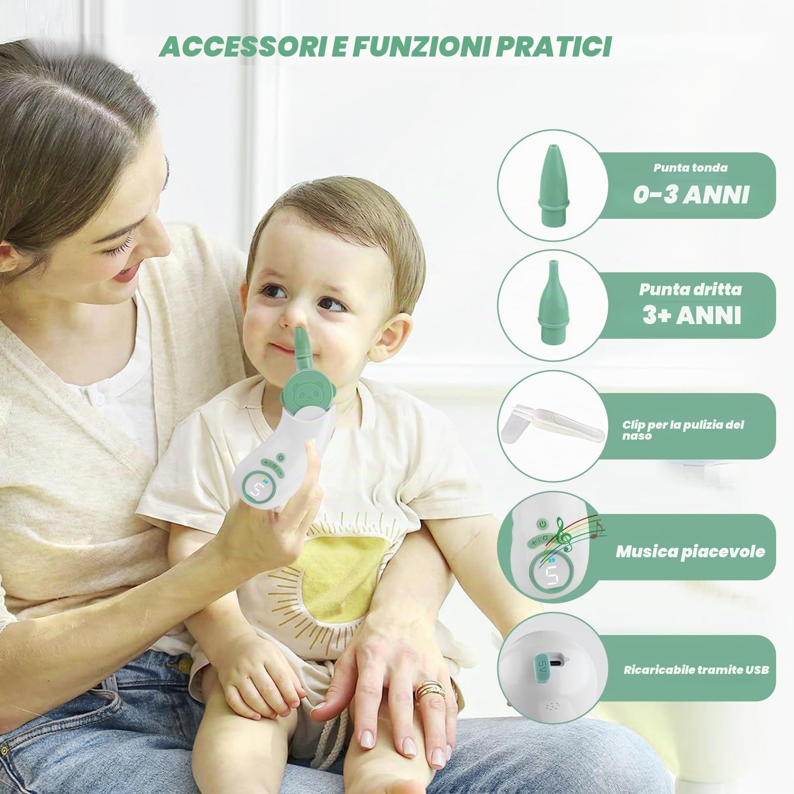 Aspiratore Nasale Neonato Elettrico con 5 Livelli di Aspirazione, Aspiratore Nasale Elettrico con Display, Ricaricabile Aspira Muco Neonato con 2 Beccucci in Silicone, Pinzette e Funzione Musica