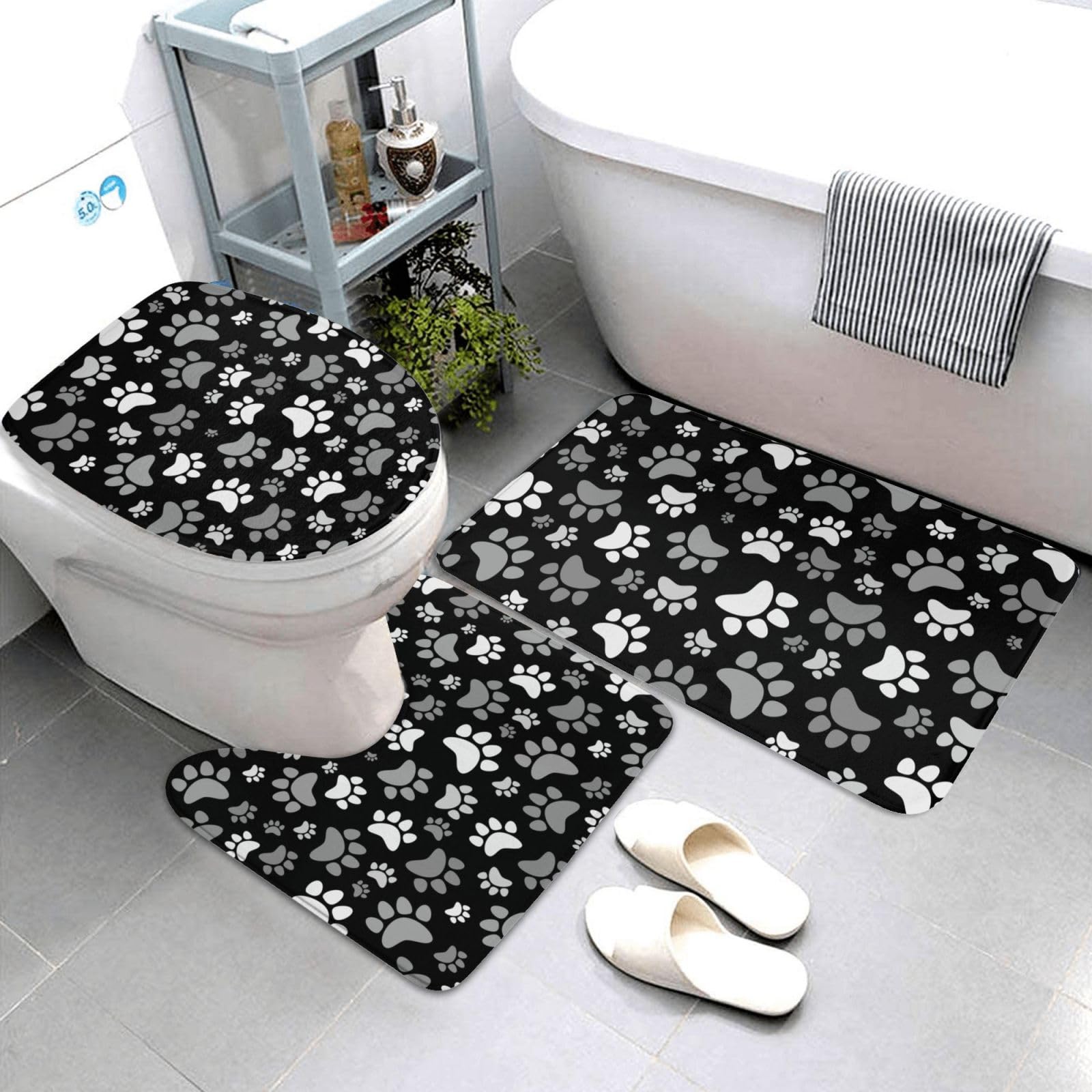 Jbofyee Cute Dog Paws Print 3 Piece Bathroom Rugs Set, Bath Mat + Contour Mat + Toilet Seat Cover, Non-Slip Soft Microfiber Bathmat for Tub Shower