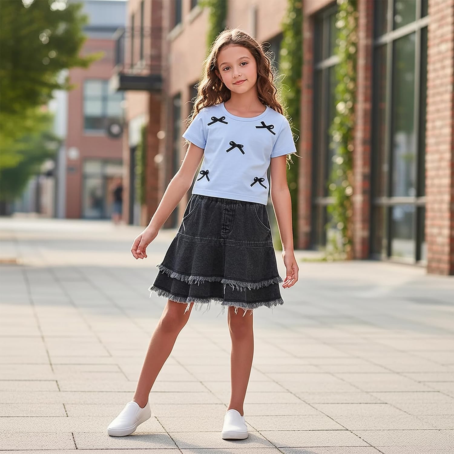 Girls 2-Piece Set Bow Short Sleeve T-Shirt Jeans Skirt Outfits,3T-8Y | Toddler Girls Denim Skirt Set,Round Neck T-shirt Top Summer Skirt Outfit Jean Skirt,Summer Casual 2 Piece Outfit