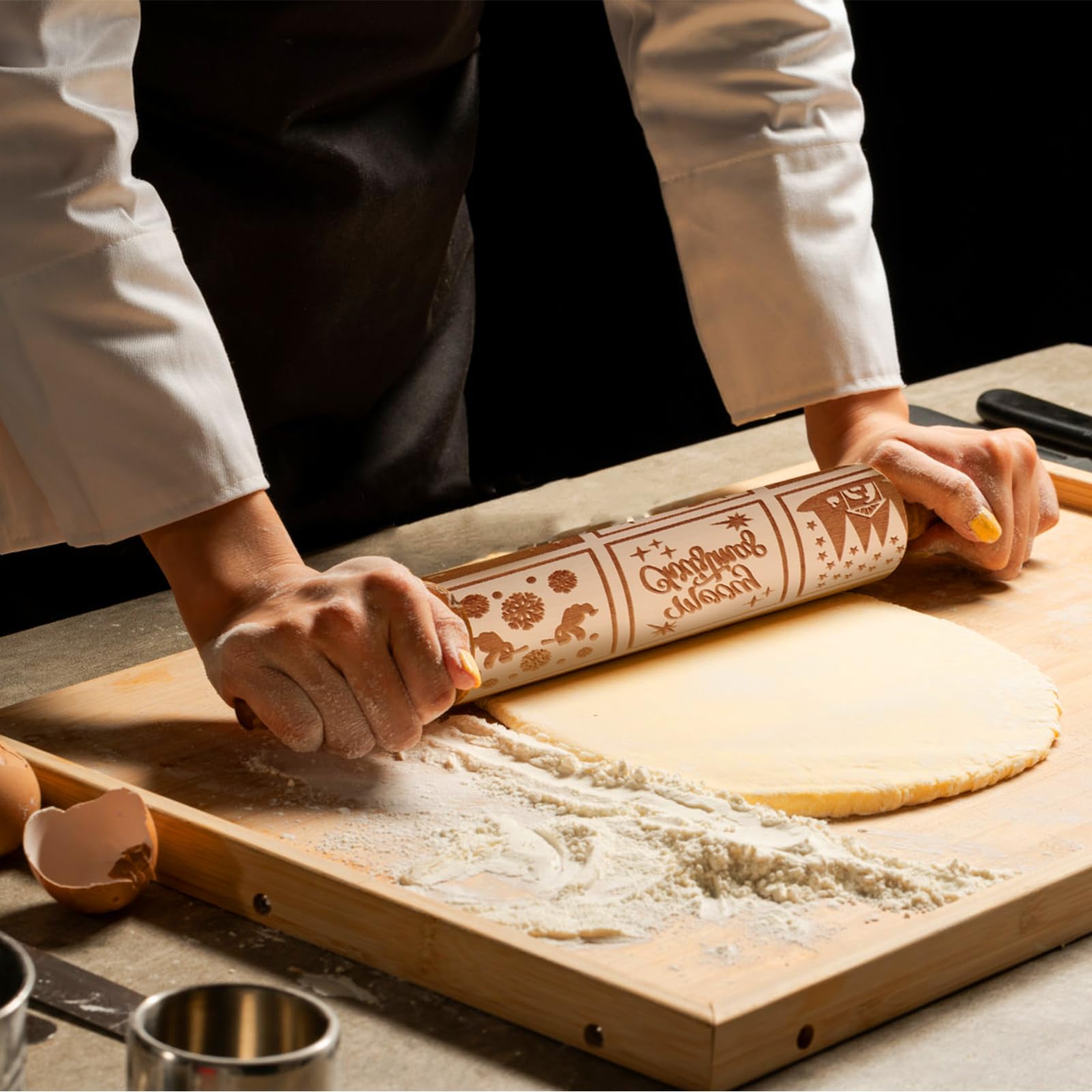 Rouleau à Pâtisserie Gravé 3D En Bois - Motif Flocons De Neige & Vignes - 39cm - Pour Biscuits, Pâtes DIY - 4