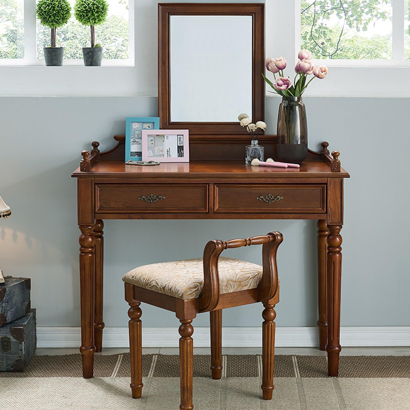 asdchZen Brown Makeup Vanity Set With Mirror, 3-Drawer Dressing Table For Bedrooms, Elegant 110Cm Furniture For Beauty And Organization,110cm/43.3in