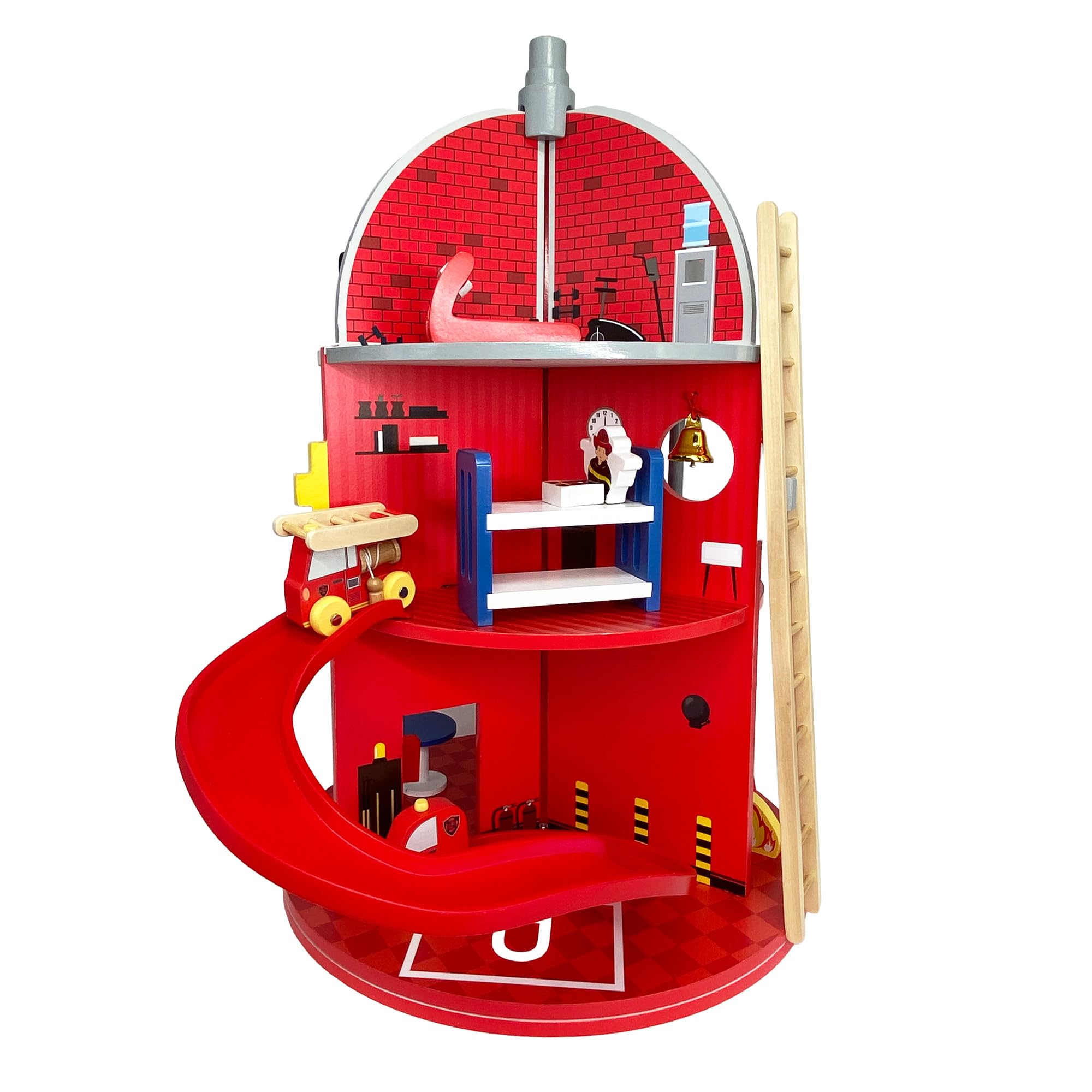 3-Story Wooden Fire Station with Two Firefighters and a 25-piece Accessory Set, Red