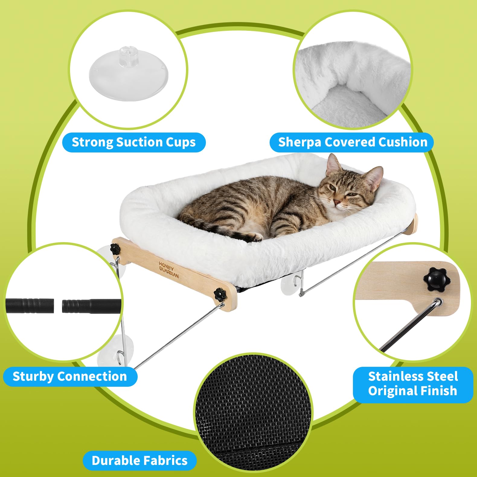 Honeyguaridan Amaca per Gatti, Amaca per Gatti da Finestra Con 4 Potenti Ventose, Capace di Sostenere 18 kg, Reversibile per un utilizzo durante tutto l'anno, Design Senza Fili, Più Sicuro