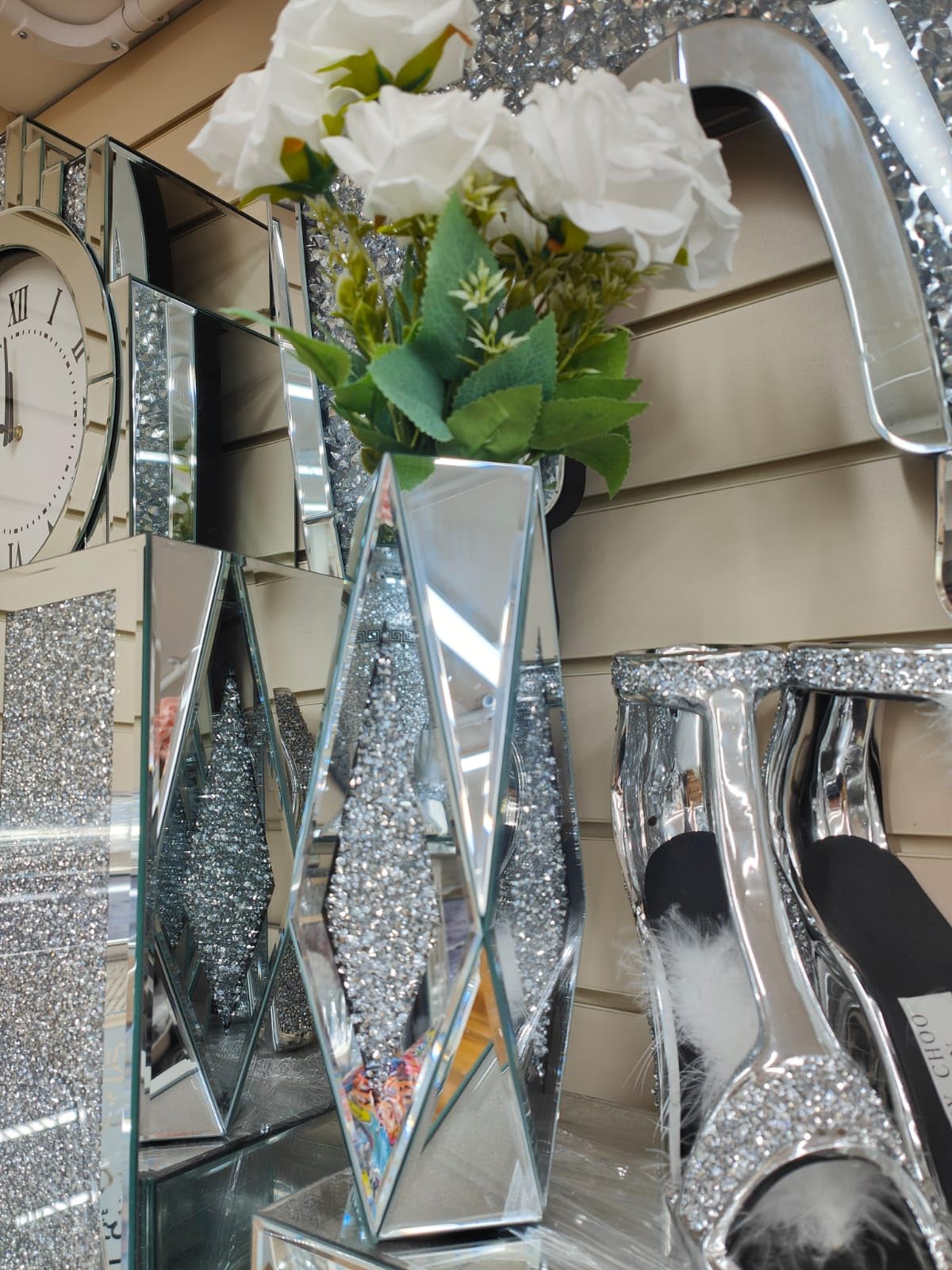 Biznest Silver 30Cm Crushed Diamond Flower Mirror Vase Crystal Glass Vase Mirrored Decorative Flower Vases For Living Room Home Decor