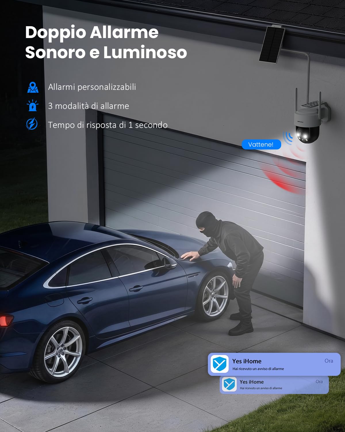 Telecamera WiFi Esterno 2K/3MP con Pannello Solare 2 in 1 | Senza Fili con Batteria, 360° PTZ, Visione Notturna a Colori, PIR, Audio Bidirezionale, Senza Abbonamento
