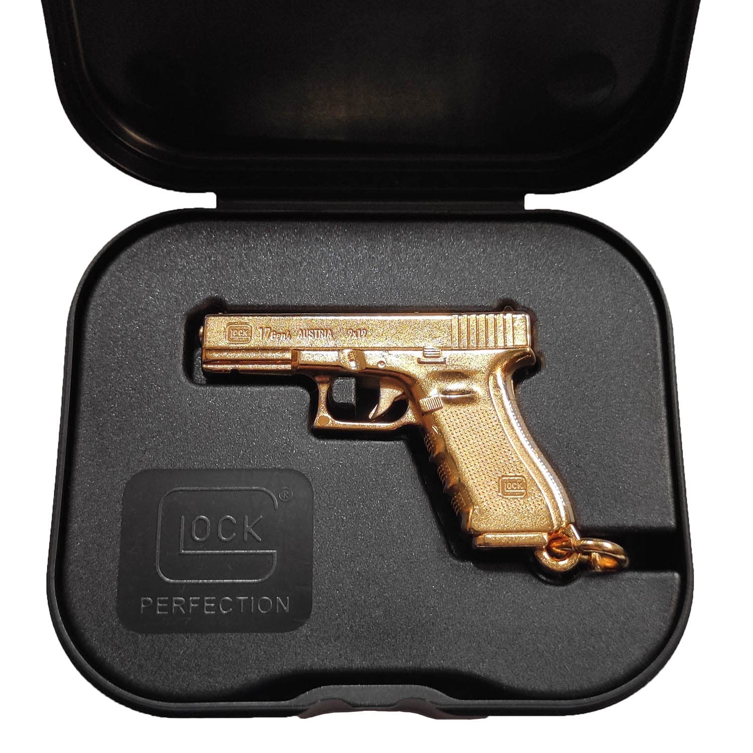 Collectible Glock metal Keychain with box, Gold Plated, G17 Gen 5, Miniature Pistol, Gold, One size