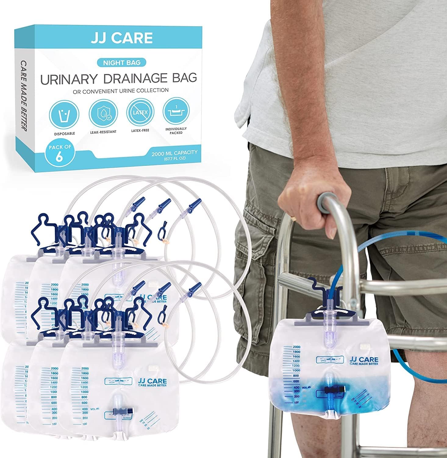 JJ CARE 2000 ml Urinary Drainage Bag w/ 48″ Drainage Tube (Pack of 6), Disposable Anti-Reflux Chamber Urine Bags with Double Hook Hanger, Leak Resistant Vinyl Catheter Bags for Men and Women