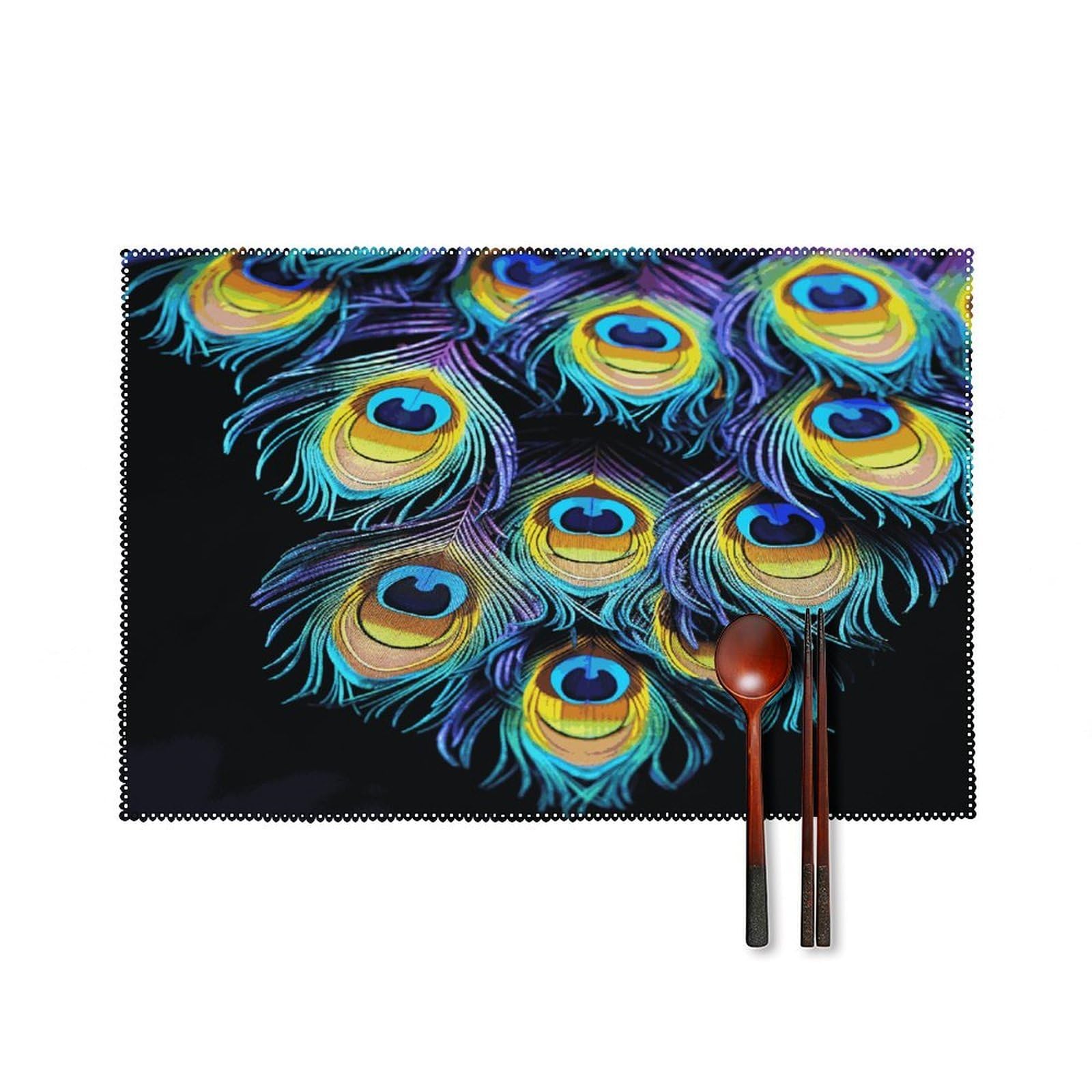 A Bunch of Peacock Feathers Placemats Set of 6 Heat-Resistant Washable Place Mats Wipeable Kitchen Placemat Easy to Clean for Indoor Outdoor Party Kitchen Decoration