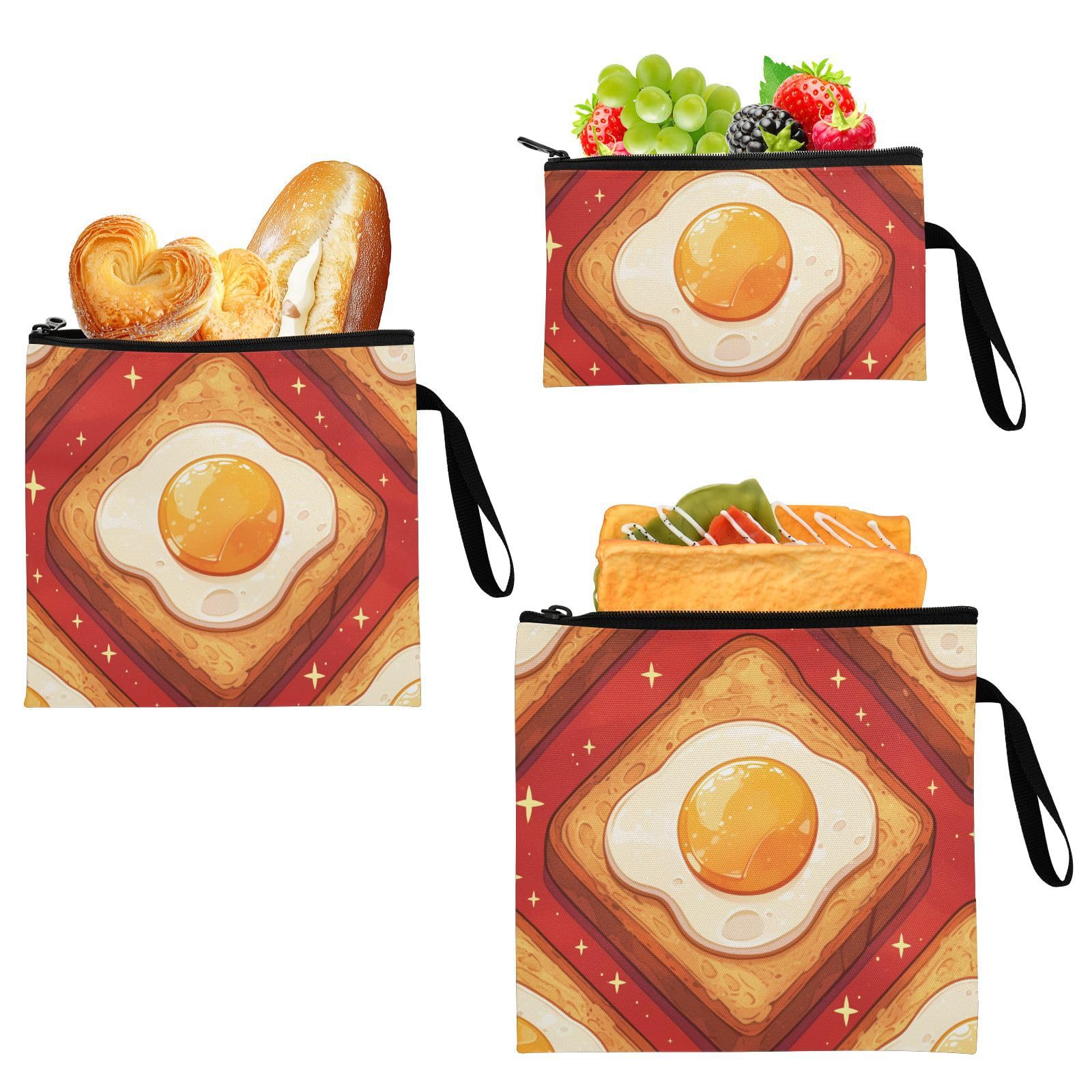 Breakfast Yummy Toast Yellow Pack of 3 Reusable Travel Snack Bags Waterproof Food Storage Bags for Picnic Work Travel Office