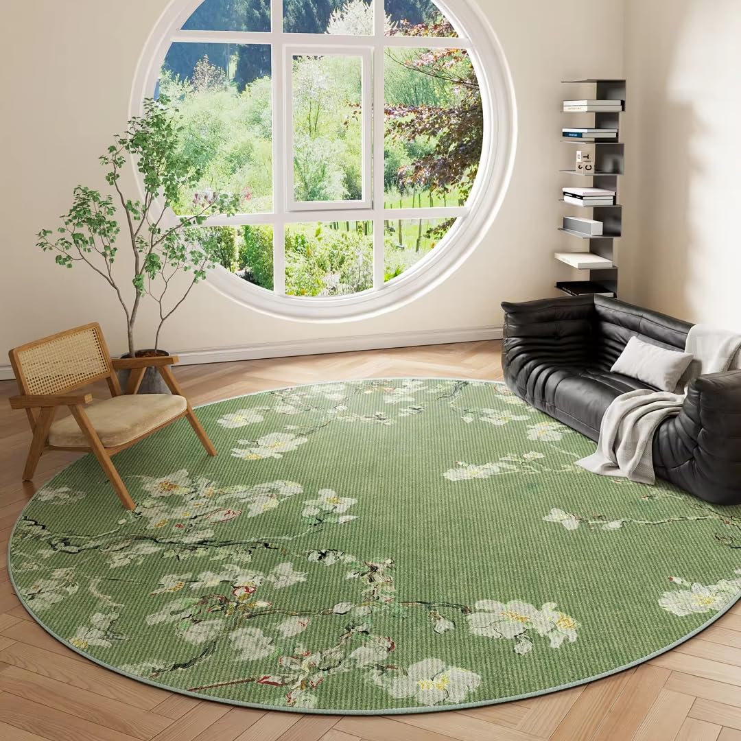 Tapis rétro style chinois rond 130 cm pour décoration intérieure moderne à poils courts