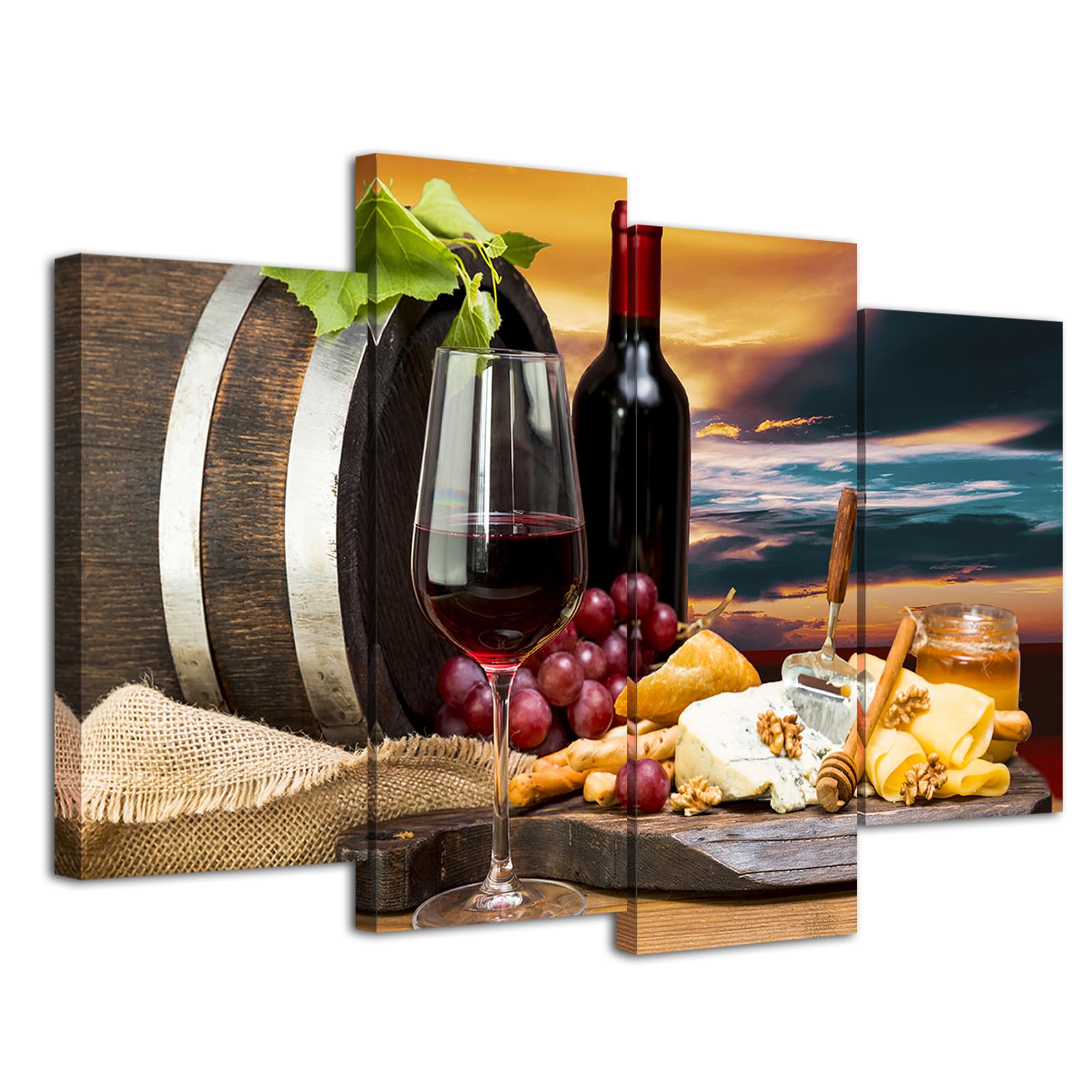 Conipit Kitchen Wall Art Wine Grapes Canvas Picture Glass Bottle Painting Print Barrel Food Still Life Artwork Framed 4pcs 48''x32''