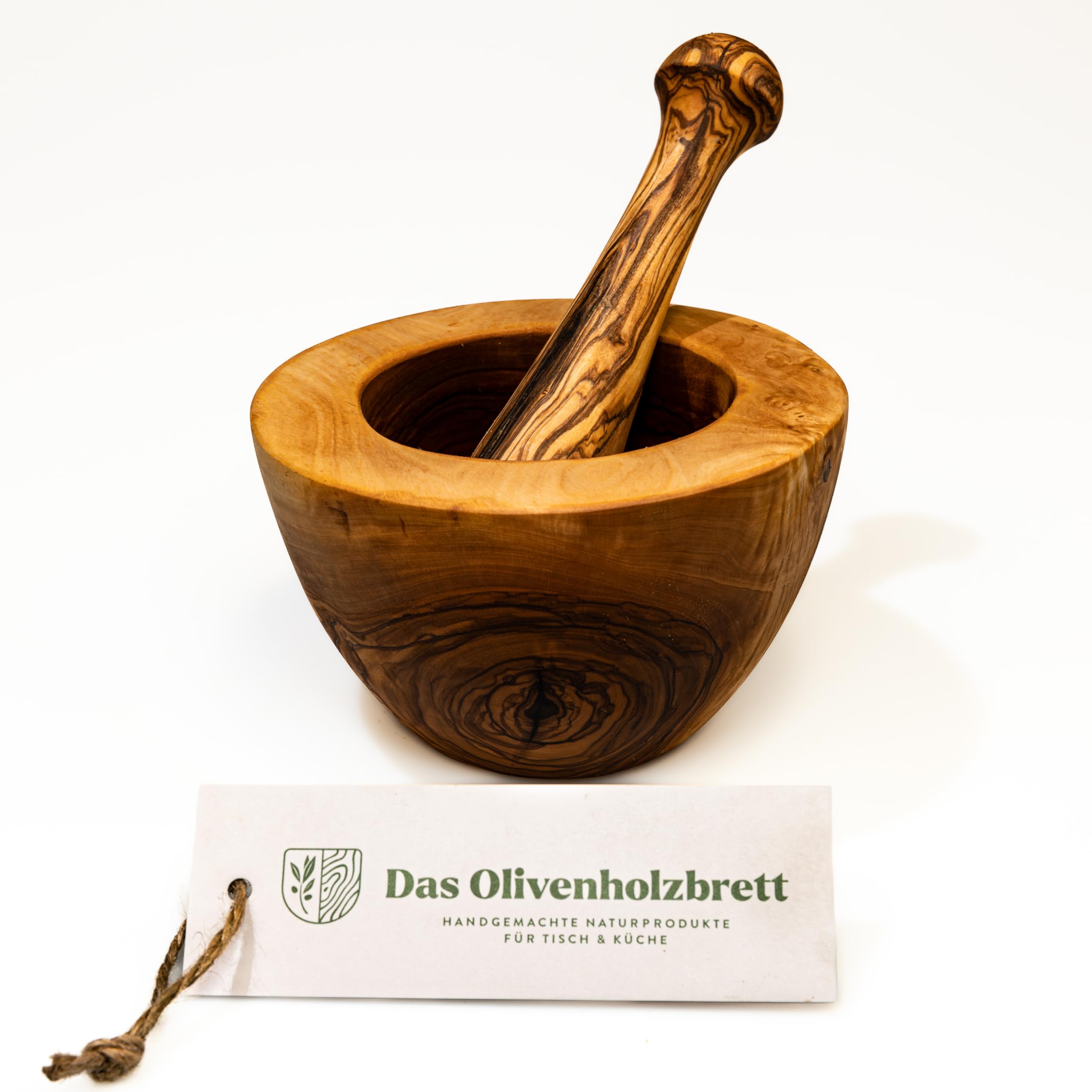 DAS OLIVENHOLZBRETT® Olivenholz Mörser und Stößel glatt/Olivenholzmörser SET/robuster Holzmörser/Gewürzmörser für Pfeffer, Salz, Kräuter, Nüsse etc. aus hochwertigem Hartholz - fein gemasert Ø16cm