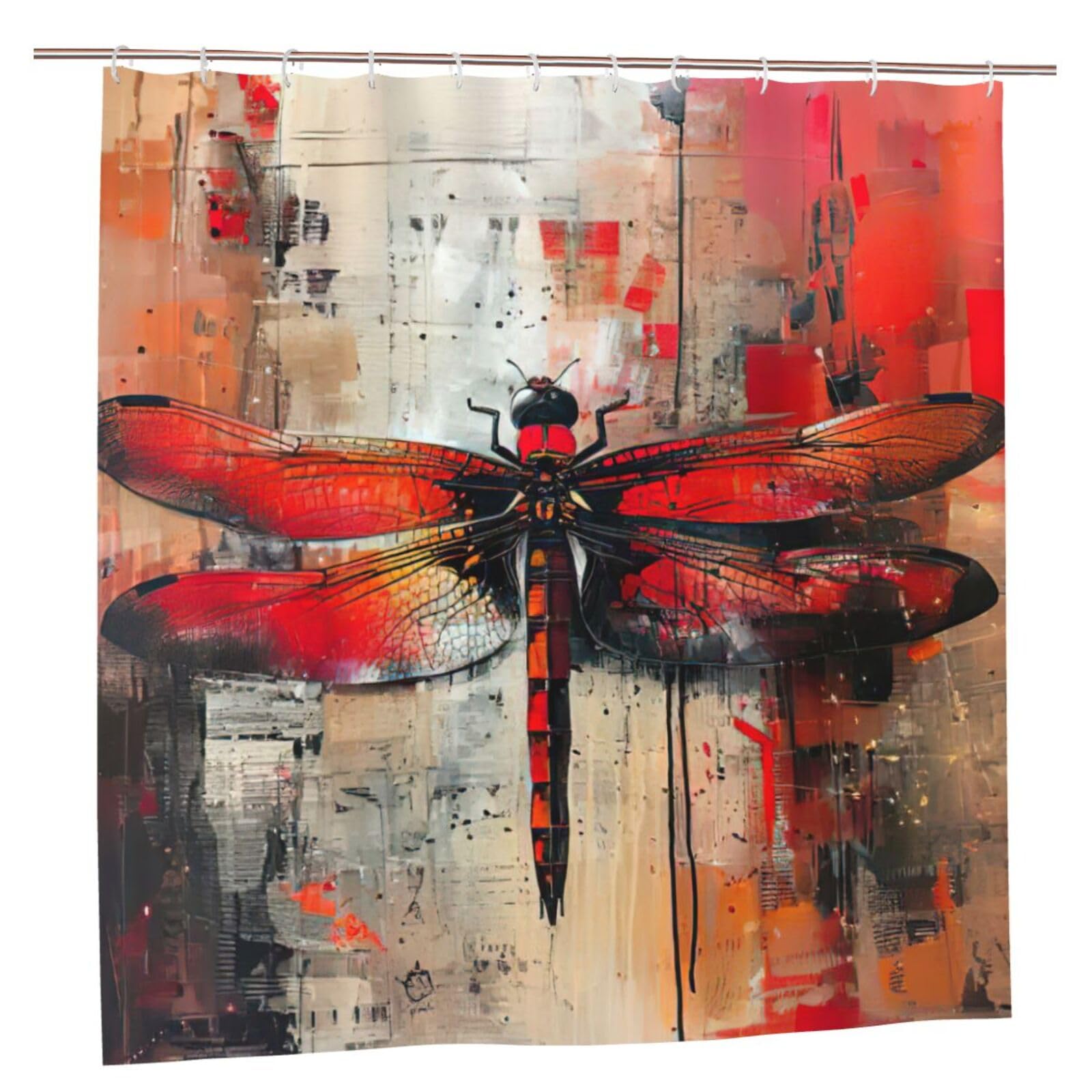 Rideau de douche libellule rouge 183x183 cm en polyester imprimé avec 12 œillets