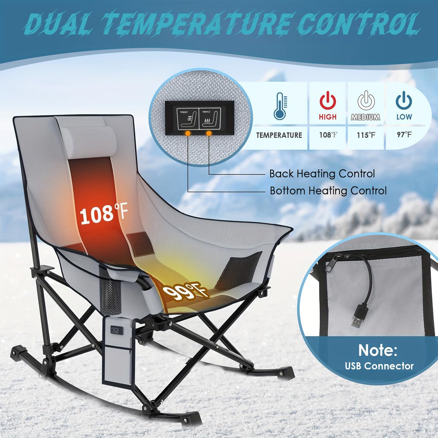 (5-9 Days Delivery) Outdoor Heated Camping Chair - 3 Heat Levels, Portable Folding Rocking Chair, Nylon, Multicolor, USB Powered for Adults, Oversized for Beach Pool Garden Yard Deck (Green)