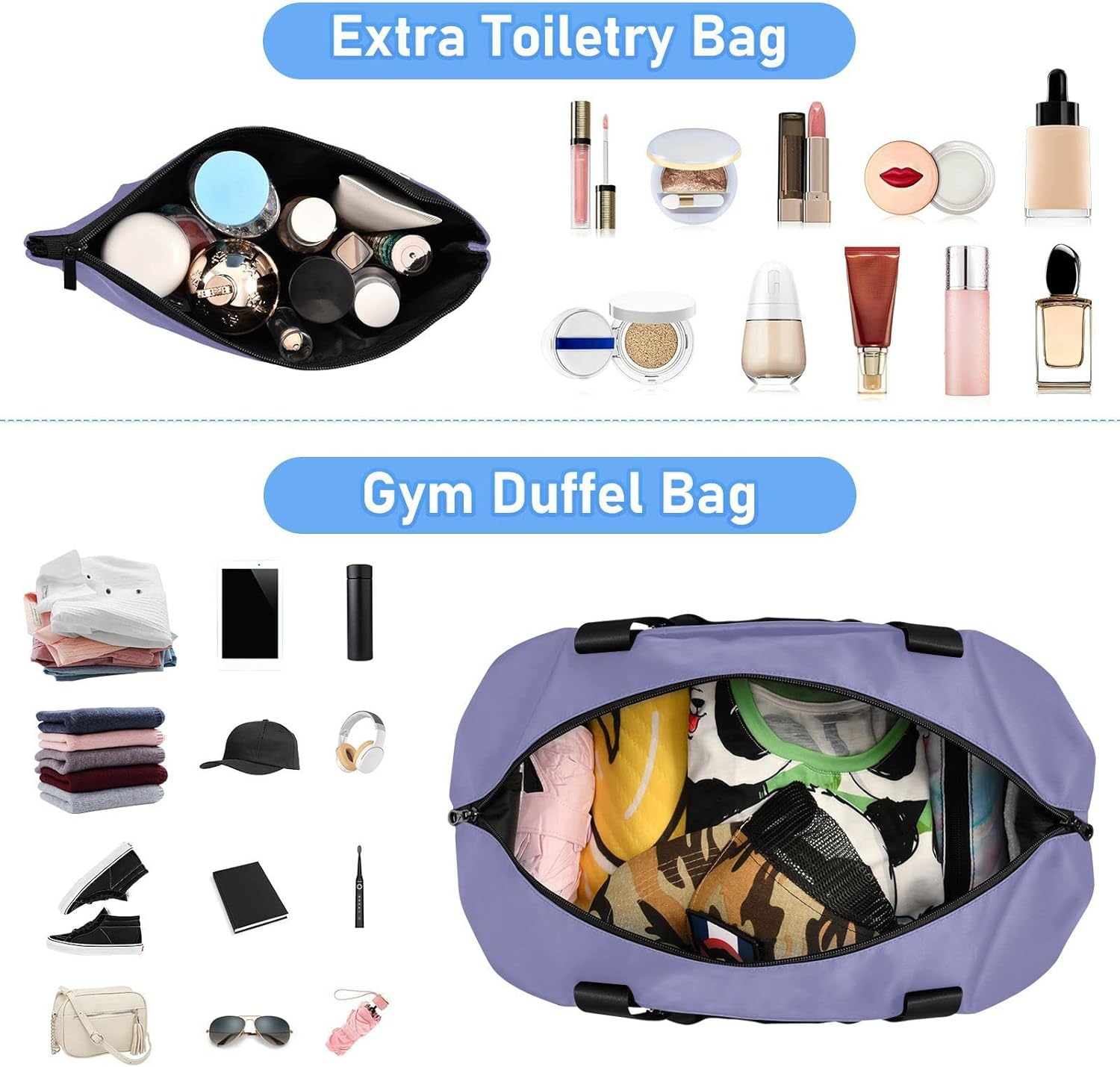 Purple Custom Travel Duffel Bag for Women Men Gym Bag with Shoe Compartment Wet Pocket Personalized Carry On Weekender Overnight Bags for Traveling Gym Workout