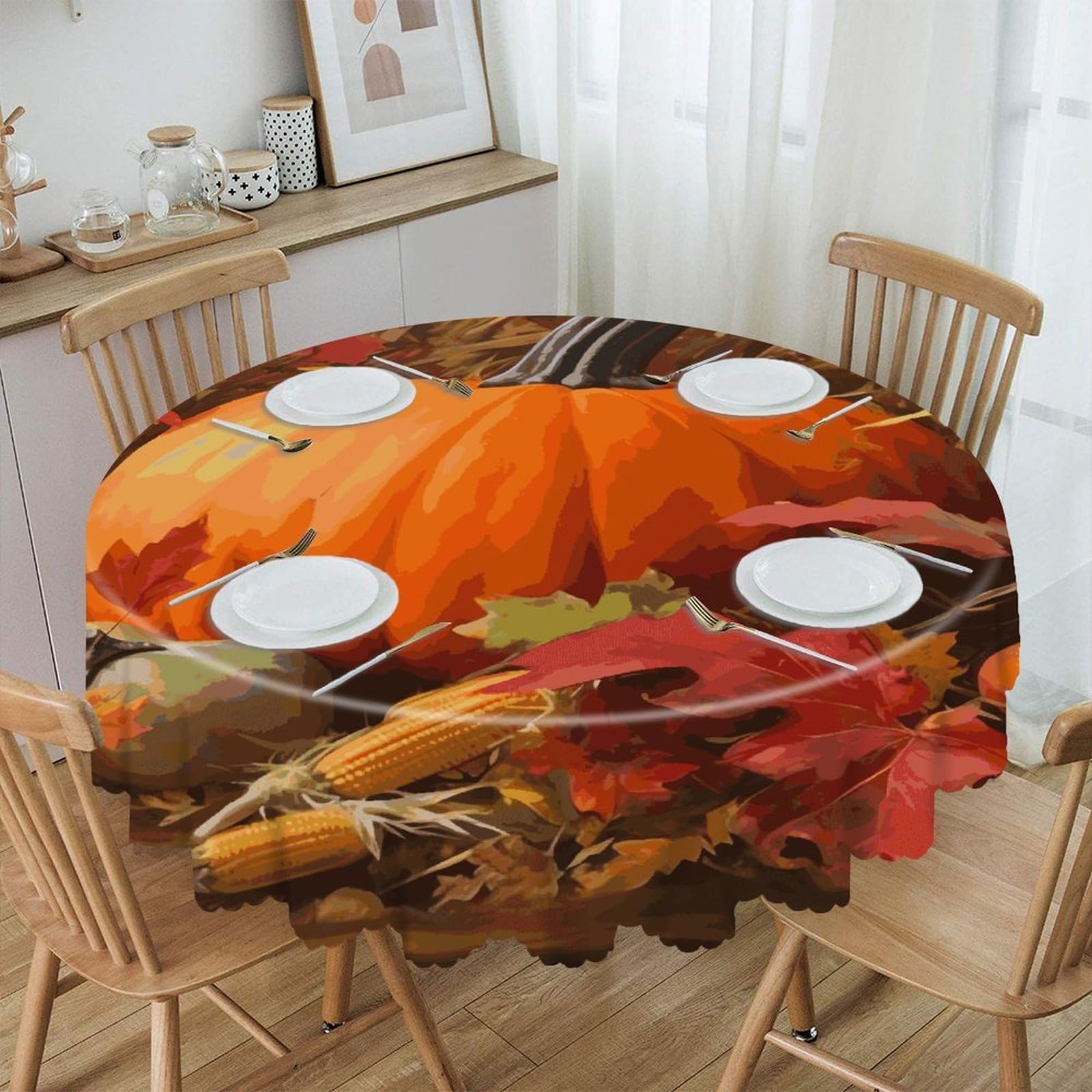 Btcowzrv Style Harvest Pumpkin Polyester Round Tablecloth 59.84 Inch, Decorative Washable Table Cover, Table Cloth For Restaurant Picnic Indoor And Outdoor Dining