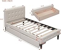 Vista 2 de Bellemave Cama individual con cajones de almacenamiento, cama de plataforma tapizada con cabecera capitonada con botones y soporte de listones