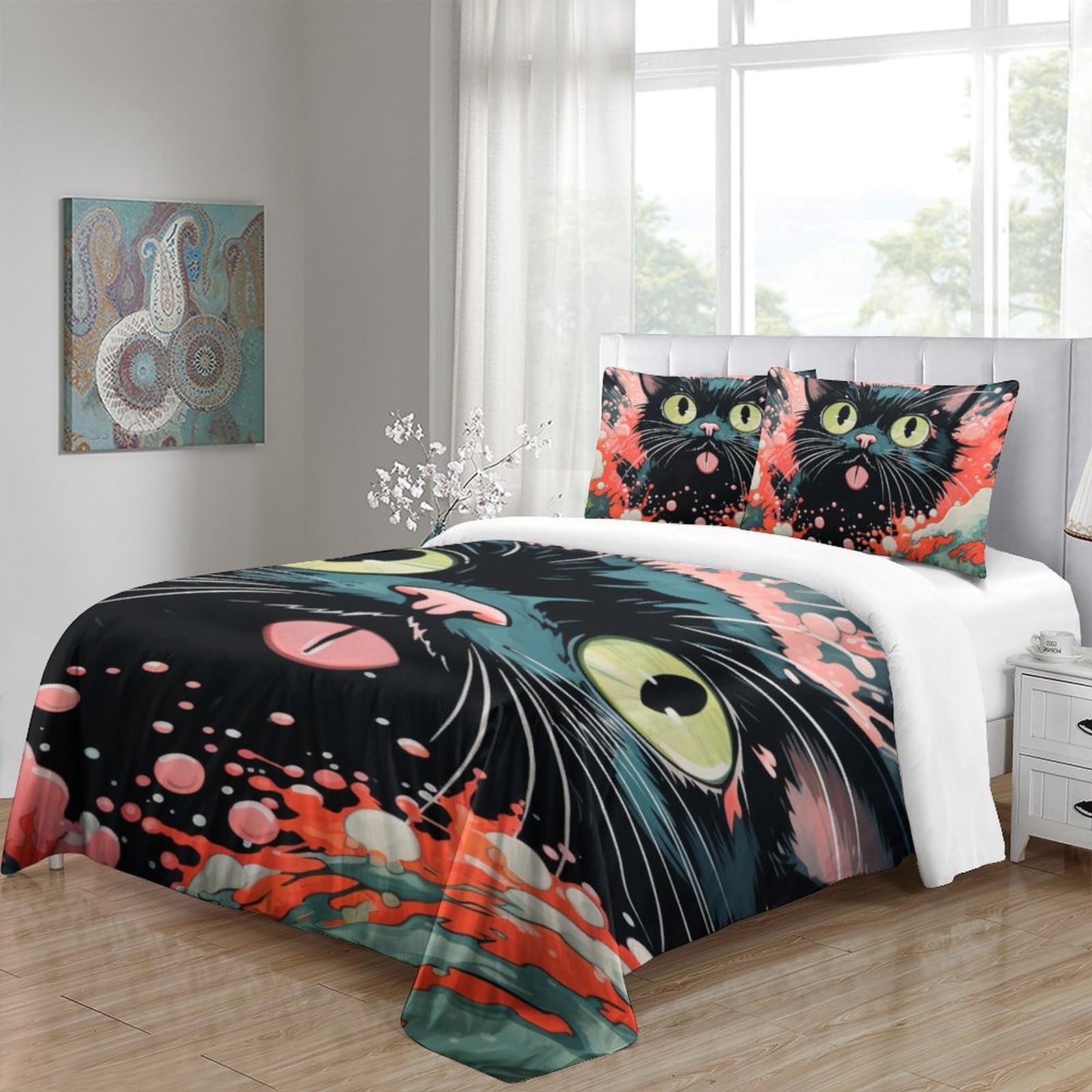 LENTLY Kat 3D-bedrukt dekbedovertrek, 3-delig, zachte microvezel sprei met ritssluiting, kussenslopen voor kinderen, meisjes, jongens, volwassenen, slaapkamer, eenpersoons (140 x 200 cm
