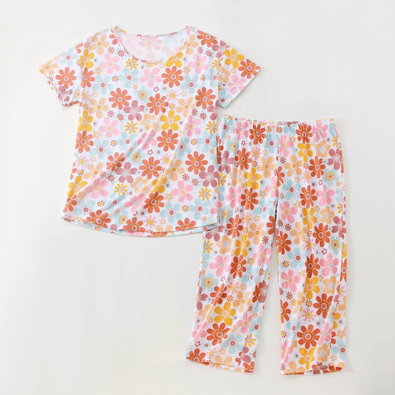 Générique Pyjama Femme Été Coton Manche Courte Ensemble Femme Ete avec T - Shirt à Manches Courtes et Capri 2 Pièces,Ensemble Pyjama T - Shirt à Manches Courtes, Capri, Manche Courte, Ete