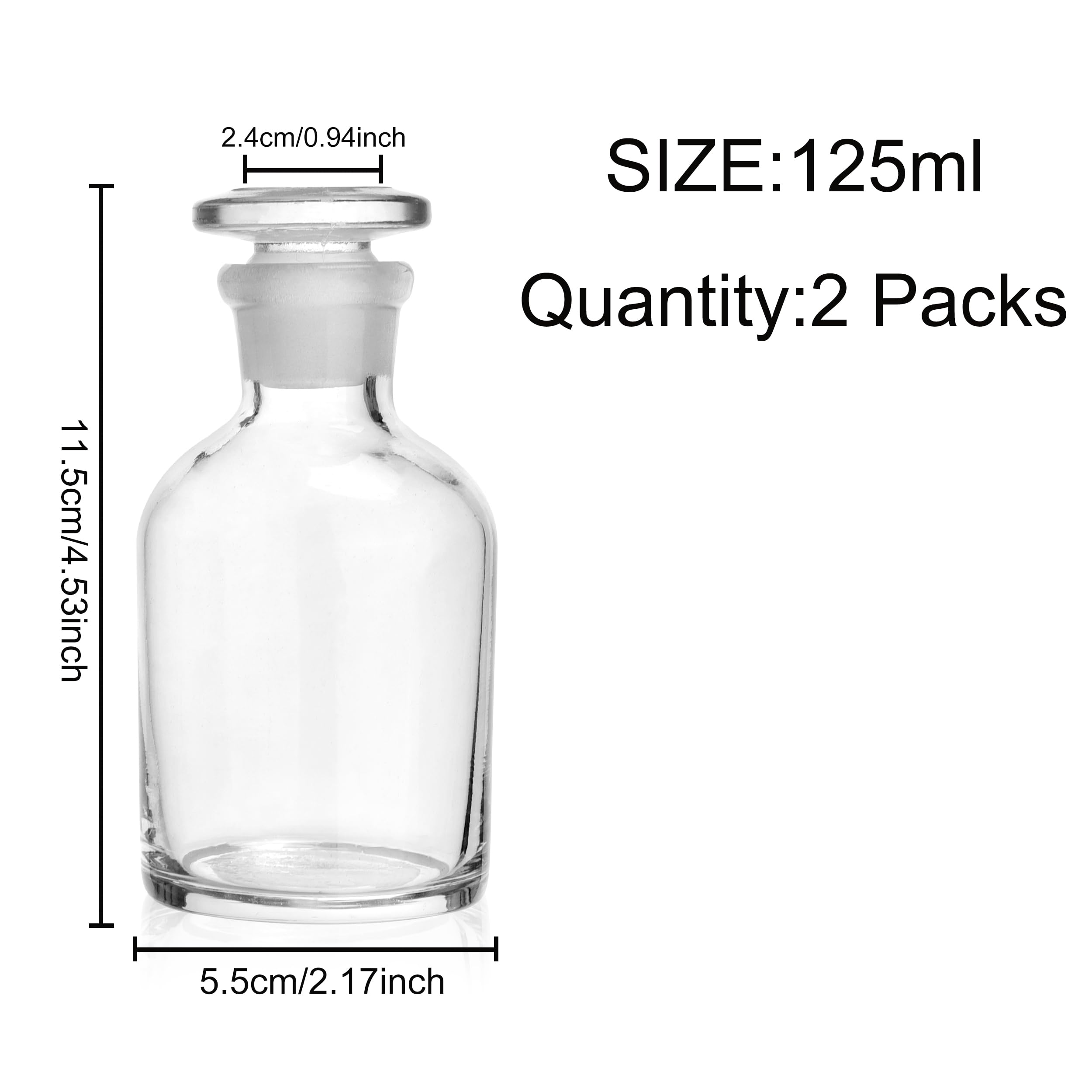 Paquete de 2 botellas de reactivo de vidrio, botella de reactivo de vidrio de borosilicato de boca estrecha, con tapón de vidrio molido estándar para laboratorios (transparente, 125 ml)