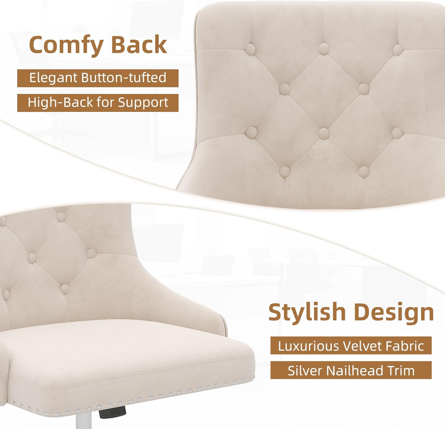 Westice Velvet Desk Chairs, Upholstered Swivel Comfy Makeup Vanity Chair with Tufted Back, Gold Metal Base & Wheels, Height Adjustable Chair for Girls, Bedroom Living Room, Beige