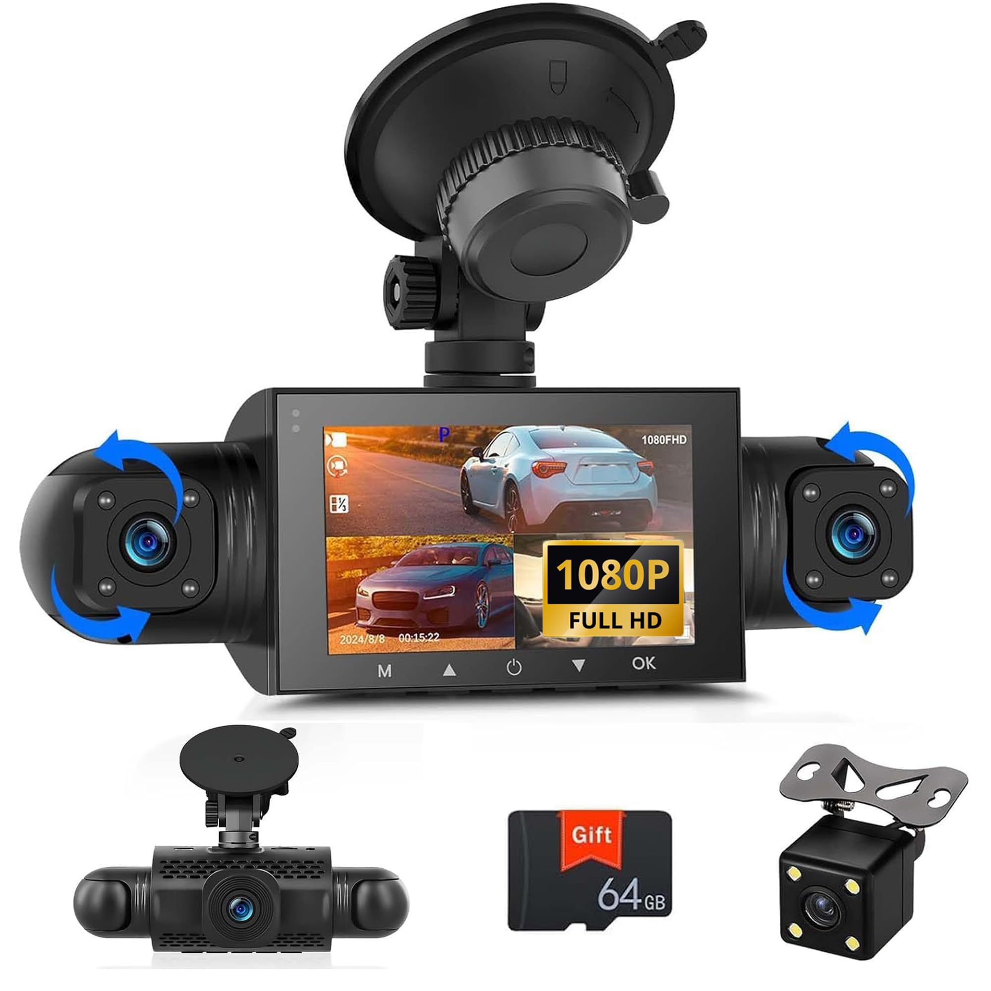 1080P WiFi Dashcam für Auto mit App, 3 Zoll Frontkamera, 24h Parküberwachung, Nachtsicht, G-Sensor, Loop-Aufnahme, klappbar & spiegelbar, inkl. 64GB Karte, für iOS/Android