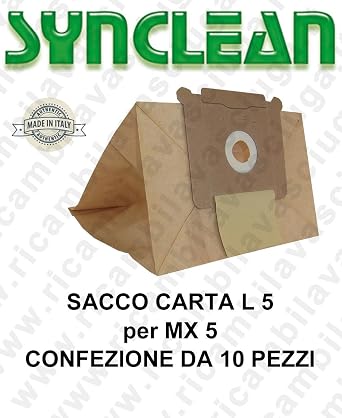 SACCO Sacchetti CARTA litri 5 per Aspirapolvere MAXICLEAN mod. MX 5  confezione da 10 pezzi : Amazon.it: Commercio, Industria e Scienza