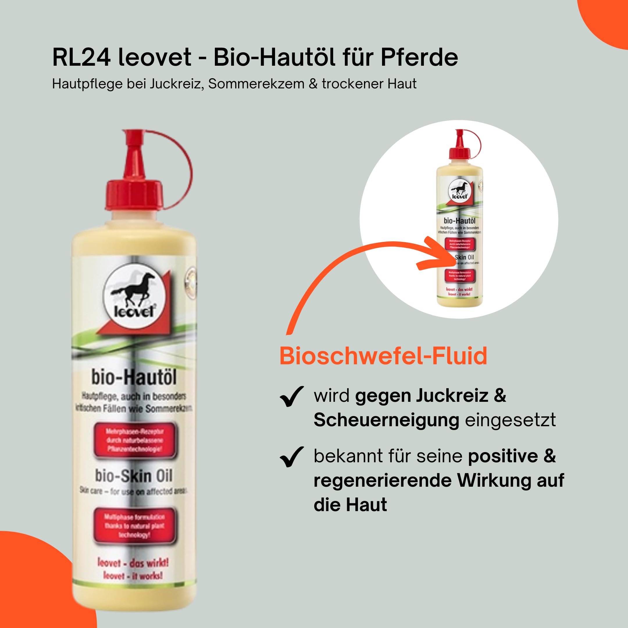 RL24 leovet - Bio-Hautöl für Pferde | Hautpflege bei Juckreiz, Sommerekzem & trockener Haut | Pflegelotion für Kräftigung der Haut | Hautlotion mit Bio-Schwefelfluid | 1 x 500 ml
