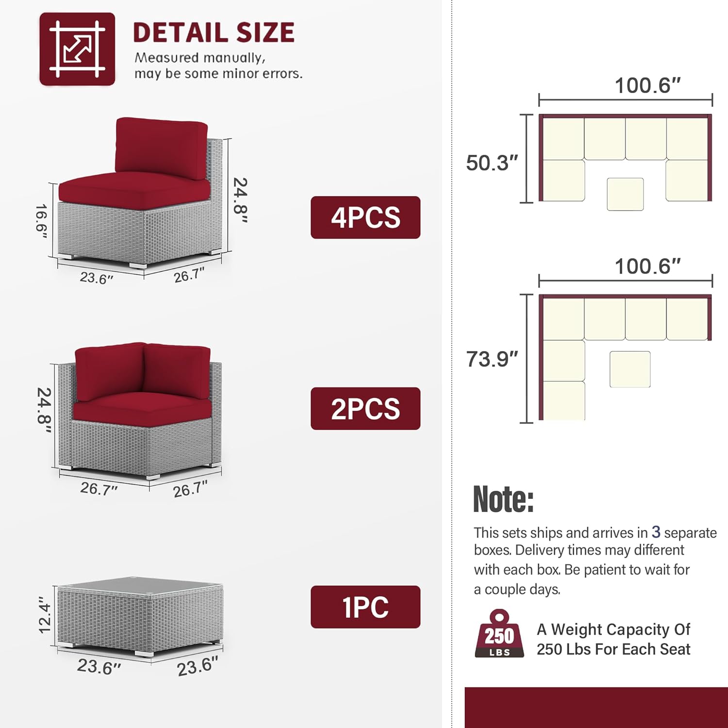 Diagram showing dimensions of individual sofa pieces and overall configurations.