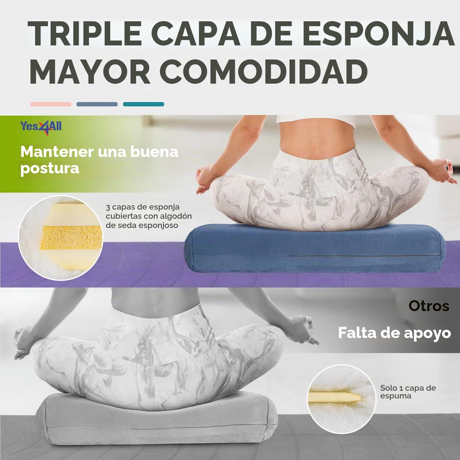 Yes4All Almohada de esponja de triple capa para yoga, almohada de refuerzo con espuma viscoelástica que proporciona una base para el viaje a la paz interior