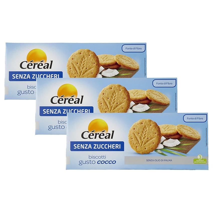 Céréal Biscotti, Senza Zucchero, gusto cocco, merendine dolci senza zuccheri, fonte di fibre, in monoporzioni, 132 g (Confezione da 3)