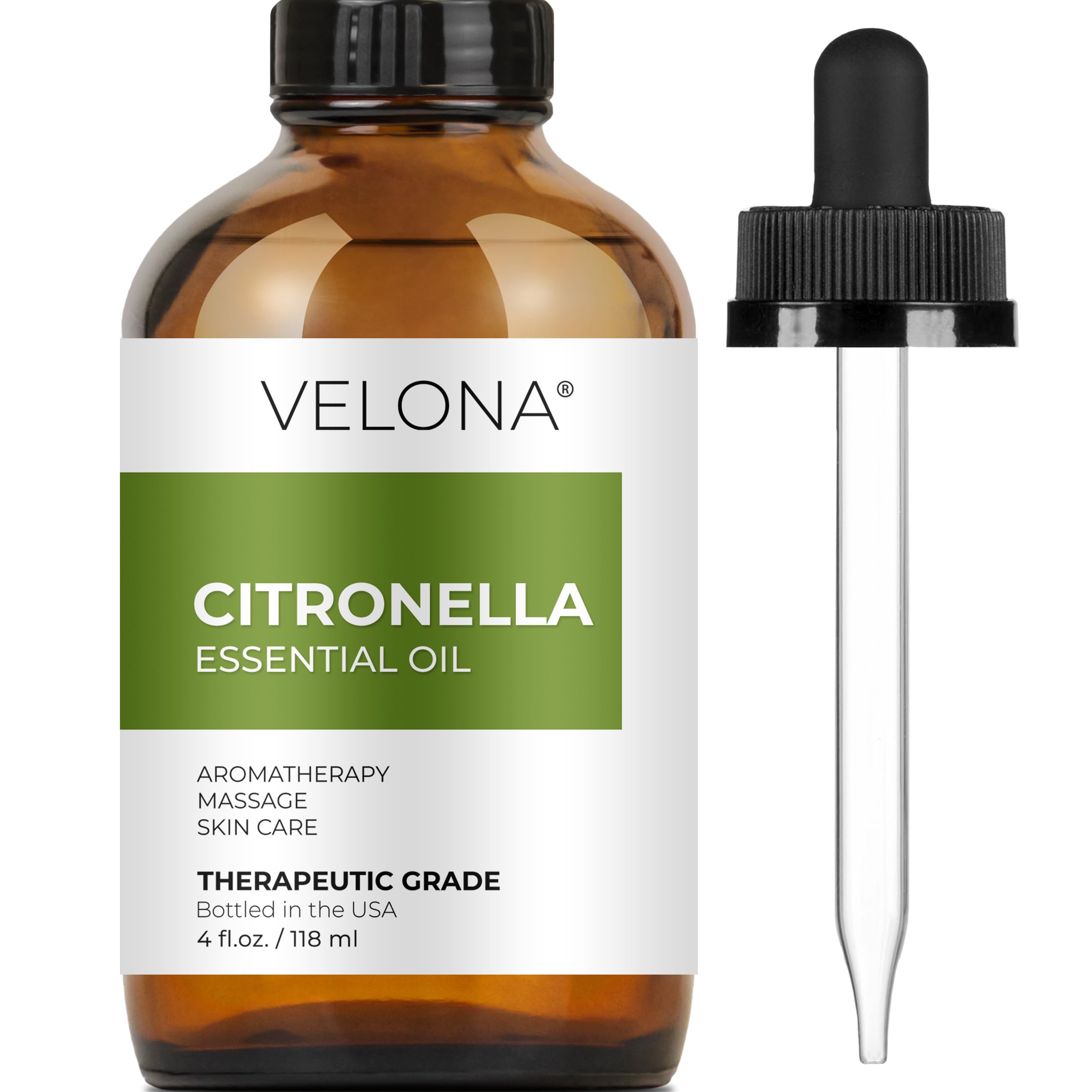 Citronella Essential Oil by Velona - 4 Fl Oz | Therapeutic Grade 100% Pure and Natural | for Aromatherapy Diffuser, Massage, Skincare, Haircare, Soapmaking | Undiluted and Multipurpose in Glass Bottle