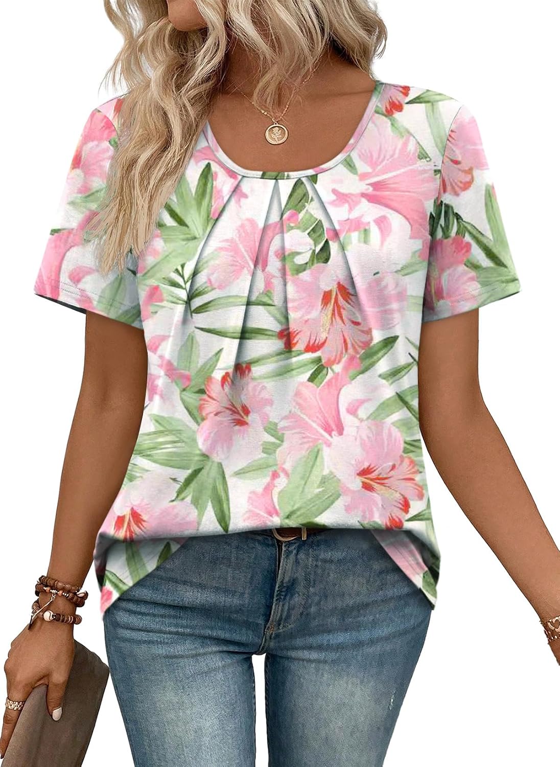 WIHOLL Women T Shirts Pleated Short Sleeve Tops Business Casual Dressy Blouses thumbnail