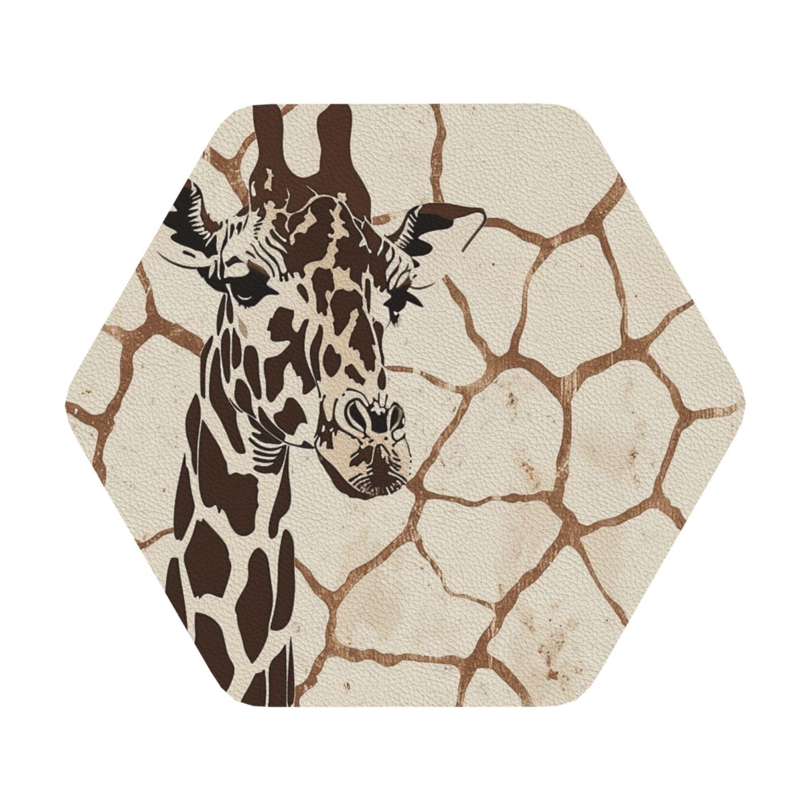Giraffe Print Print Leather Coaster Set of 6, Hexagon Coasters Table Decorative Coffee Cup Beverage Coasters Wine Beer Bar Coasters for Hot Drinks Table Protection