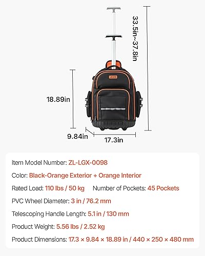 Miniatura 7 de VEVOR Mochila para herramientas rodantes, capacidad de carga de 110 libras, 45 bolsillos, bolsa de herramientas resistente sobre ruedas, mango