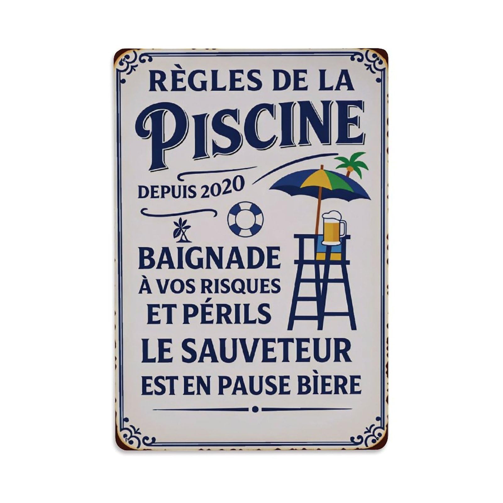 French Pool Funny Rules Vintage Wall Plaque Vintage Aluminium Metal Sign, Retro Wall Decor for Home, Bar, Garage & Farmhouse 30x20cm