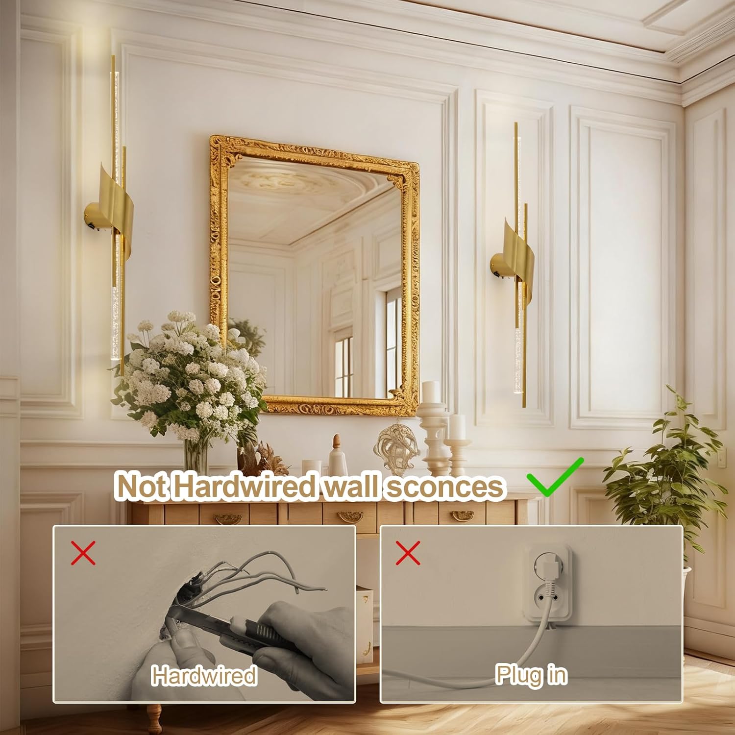 camuucci Battery Operated Gold Wall Sconces Set of Two,Modern Wireless Wall Lights,LED Rechargeable 12000mAh Not Hardwired Remote Control Dimmable Wall Lamp Fixtures for Bedroom 32 Inch