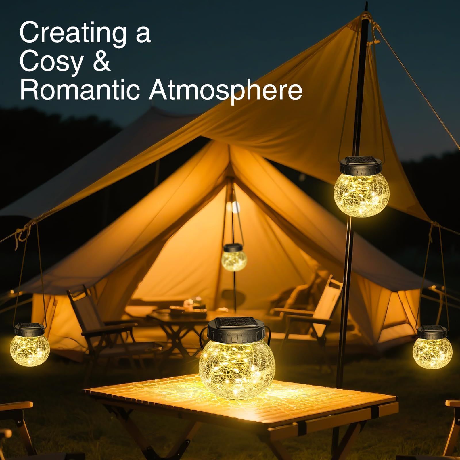 kolpop Paquete de 4 faroles solares para exteriores, linternas solares cálidas, bolas de vidrio agrietado, impermeables, decoración solar de jardín, luces de patio
