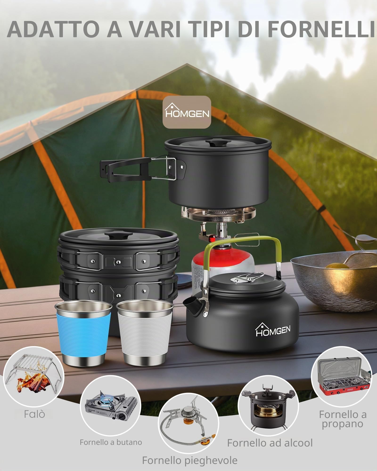 HOMGEN Set da campeggio in alluminio con posate pieghevoli per 2-3 persone | Set portatile e leggero, pentole e padelle da campeggio, adatto per un fornello da campeggio, con custodia, antiaderente