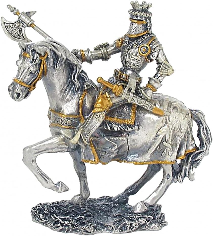 Medieval Pewter Statue - Mounted Knight with Axe & Crest