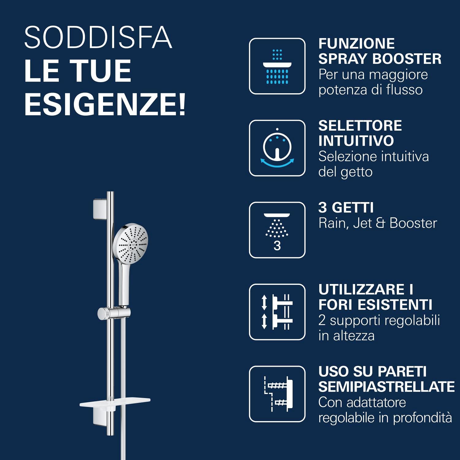 GROHE Vitalio Joy+ 120 Set Doccia: (doccetta ⌀ 120 mm 3 getti, risparmio idrico 6,3 l/min, protezione antiscottatura, tubo flessibile 1,75 m, asta 60 cm con piatto doccia), cromato, 1348660000