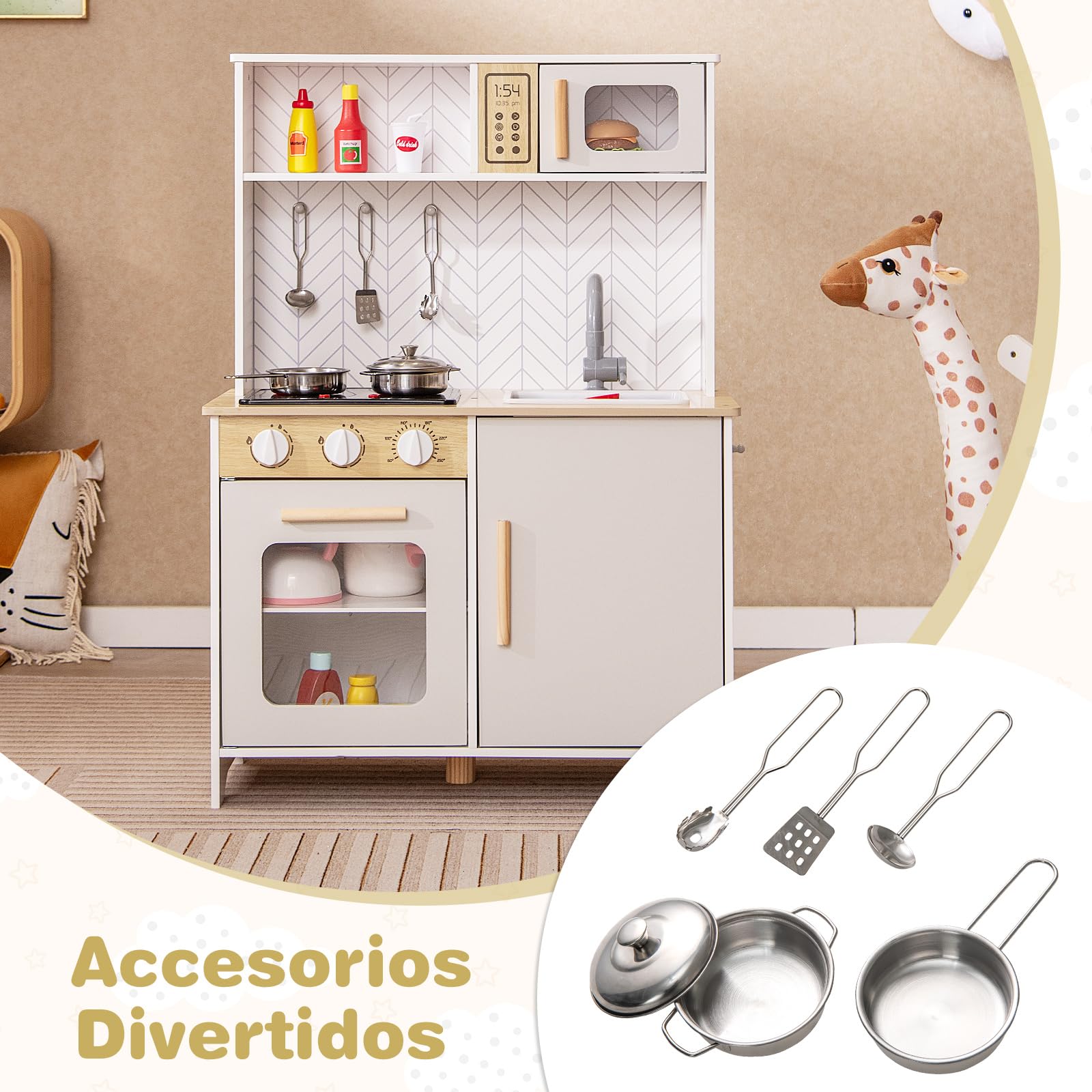 GOPLUS Juego de Cocina para Niños, Set de Cocina de Imitación con Luces y Sonidos, Estufa, Horno, Fregadero, Grifo, Microondas, Utensilios de Cocina, Juguete de Cocina de Madera (Blanco)