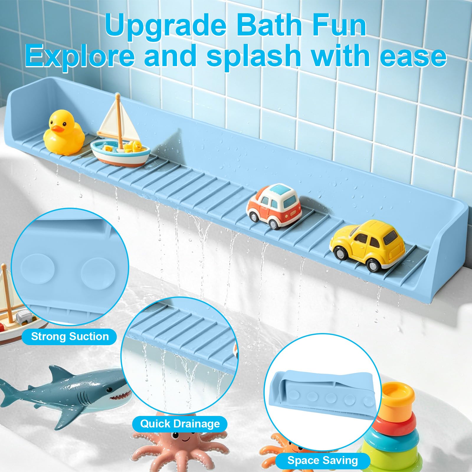 Paraspruzzi per vasca da bagno per bambini, contenitore per giocattoli