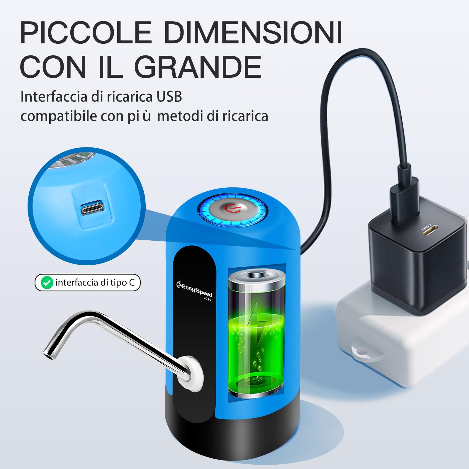 Dispenser Acqua Elettrico EASYSPEED - Ricaricabile USB, Con 2 Adattatori - Foto 4