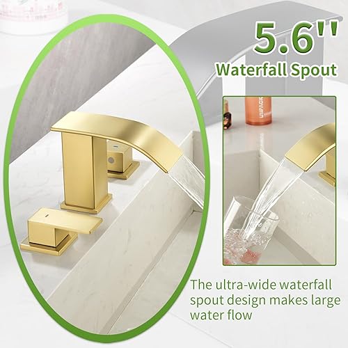 Miniatura 3 de Grifos de baño en cascada para fregadero de 3 agujeros, grifo de lavabo de baño dorado cepillado con drenaje desplegable de 8 pulgadas, grifo de