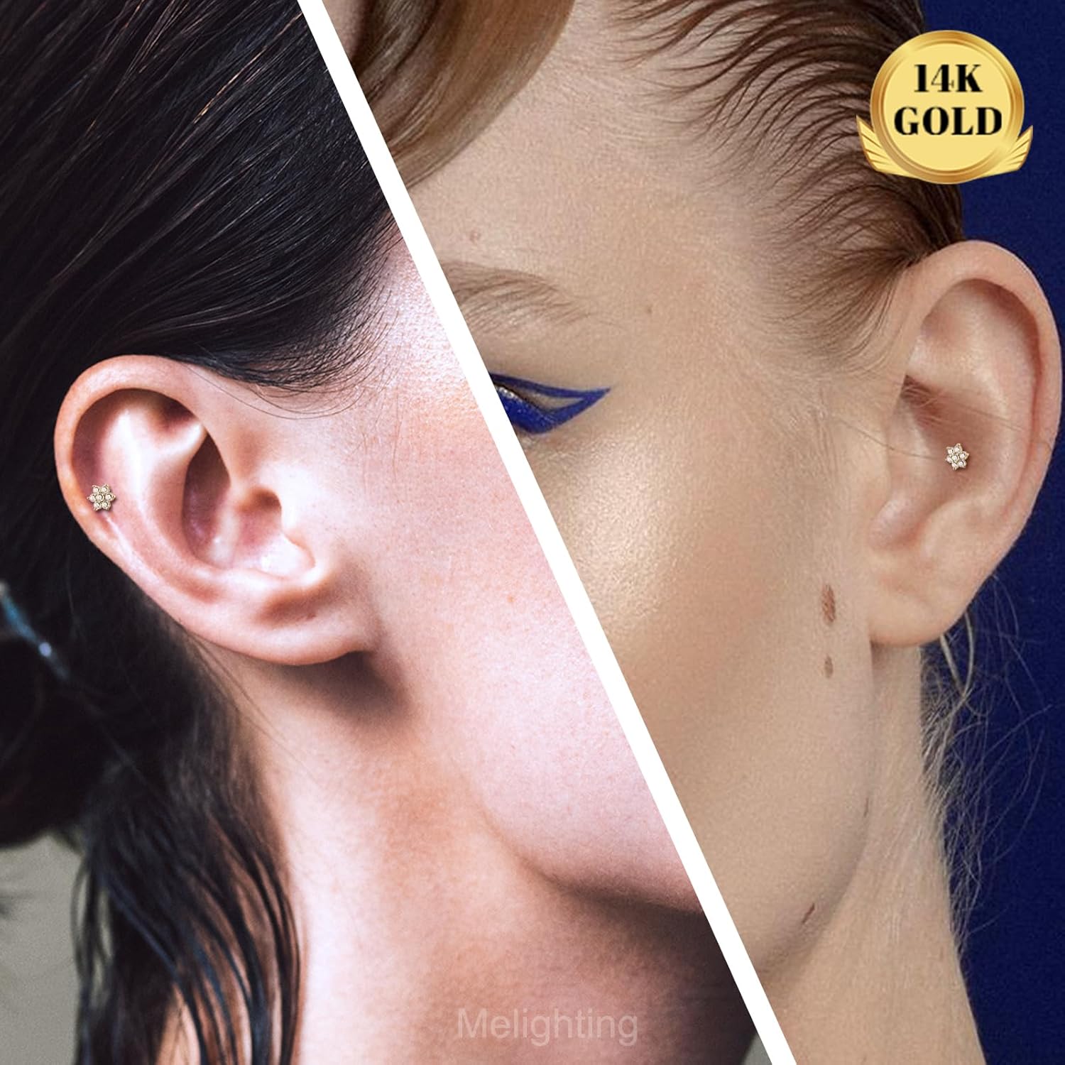 Melighting 14K Solid Gold Cartilage Earring - 16G Gold Flower Helix Piercing Jewelry - Internally Threaded Curved CZ Flat Back Earring - 8mm