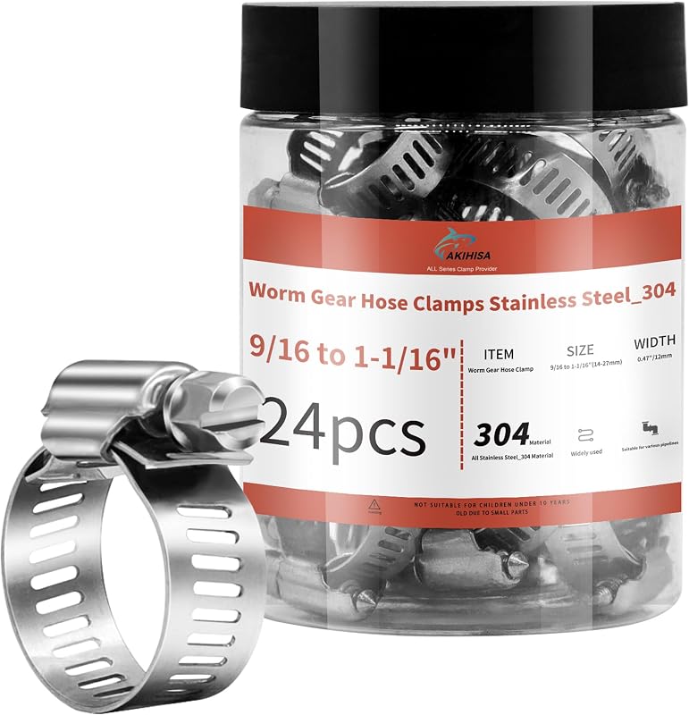 24 Pack 9/16"-1 1/16" Worm Gear Hose Clamps, Adjustable Range 14-27mm, 304 Hose Clamps Stainless Steel, for Pipe Plumbing Automotive and Mechanical Application